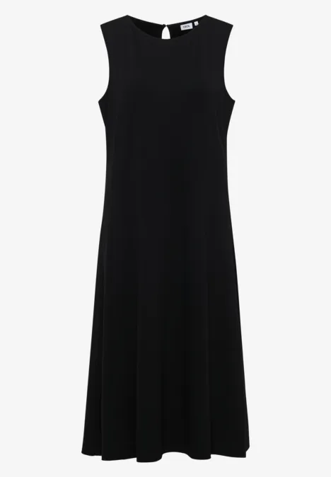 Schlichtes ärmelloses schwarzes Midikleid mit rundem Ausschnitt.