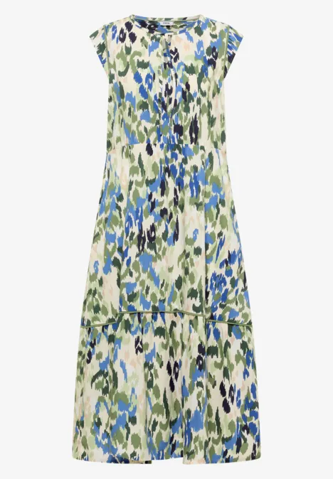Ärmeloses Midikleid mit abstraktem Blumen- und Blattmuster in Blau und Grün