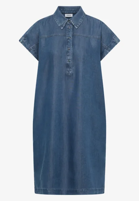 Blaues Jeanskleid mit kurzem Ärmel, Hemdkragen und Knopfleiste