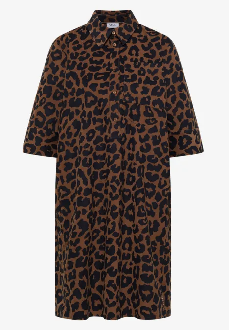 Knie-lange corduroyjurk met luipaardprint creamy mocha Braunes Hemdblusenkleid mit schwarzem Leopardenmuster, halblang