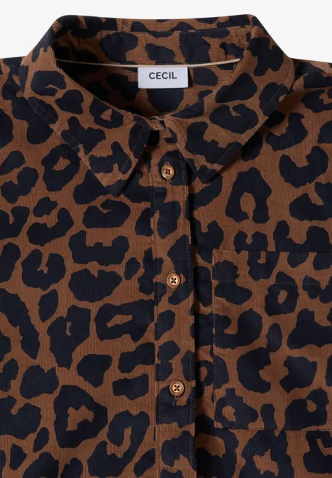 Knie-lange corduroyjurk met luipaardprint creamy mocha Braunes Hemd mit schwarzem Leopardenmuster und Kragen von Cecil