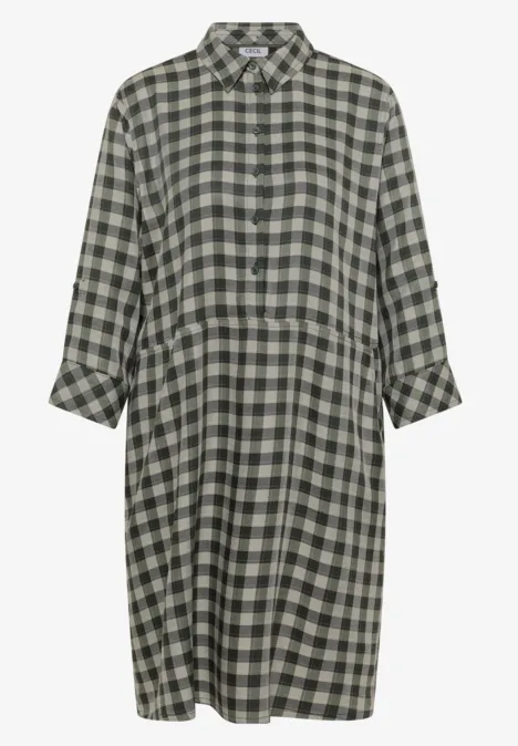 Robe arrivant aux genoux, à petits carreaux khaki Robe chemise mi-longue à carreaux vert-gris, col classique et manches longues.