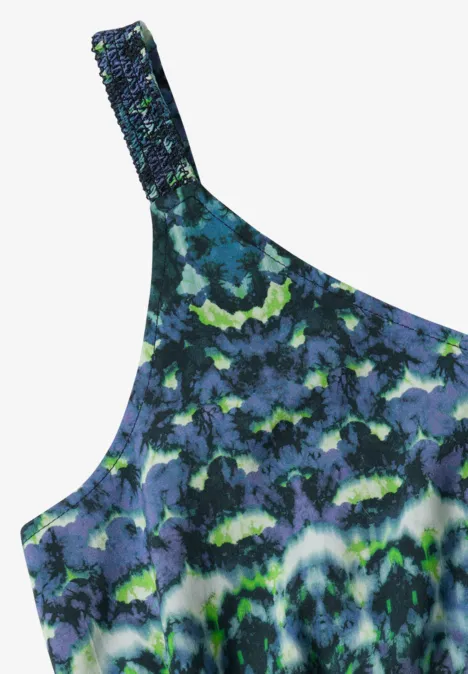 Maxikleid mit V-Neck und Print urban dark blue Schulterfreies Top mit blau-grünen, schwarz-melierten Batikmuster.