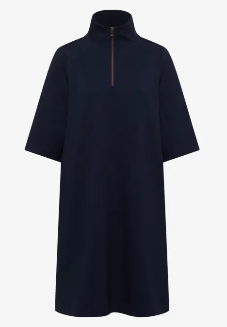 Dunkelblaues, locker geschnittenes Kleid mit Stehkragen und halblangem Reißverschluss