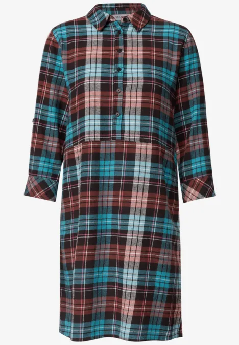 Knielanges Flanellkleid mit Print dark russet red Kariertes Hemdblusenkleid in Rot, Schwarz und Türkis mit 3/4-Ärmeln