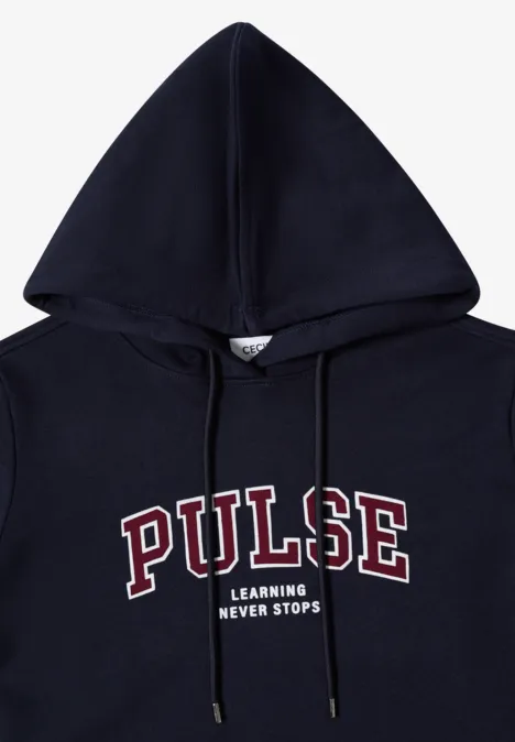 Schwarzer Kapuzenpullover mit PULSE-Print und Slogan Learning Never Stops.