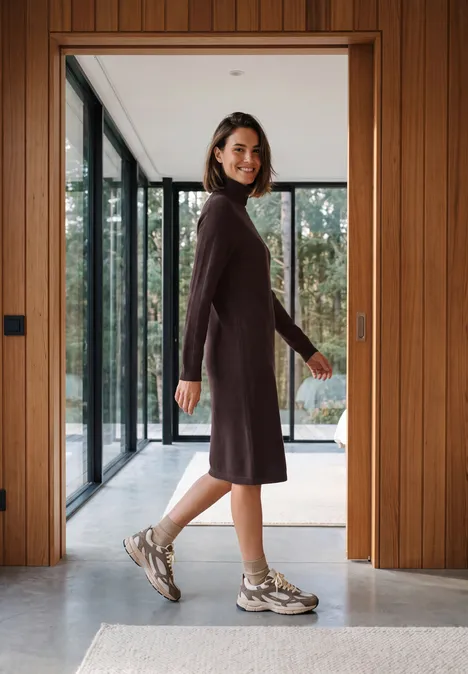 Eine Frau in braunem Kleid und Sneakern spaziert durch einen modernen Flur mit Holzakzenten.
