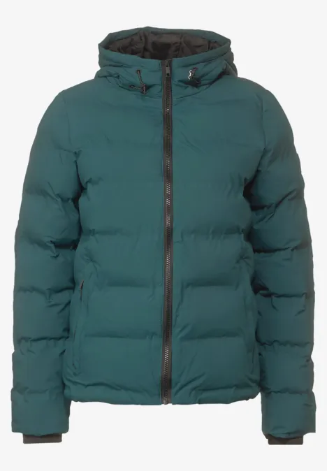 Grüne, wattierte Winterjacke mit Kapuze und Reißverschluss.