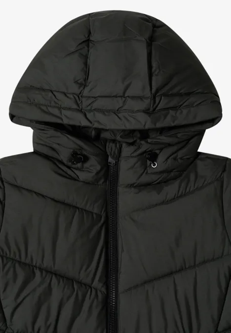 Puffer-Jacke in Midi-Länge mit Kapuze olive night Schwarze Steppkapuzenjacke aus leichtem Material