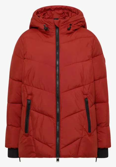 Puffer-Jacke in Midi-Länge mit Kapuze light russet red Rote wattierte Winterjacke mit Kapuze, seitlichen Reißverschlusstaschen und schwarzen Bündchen.