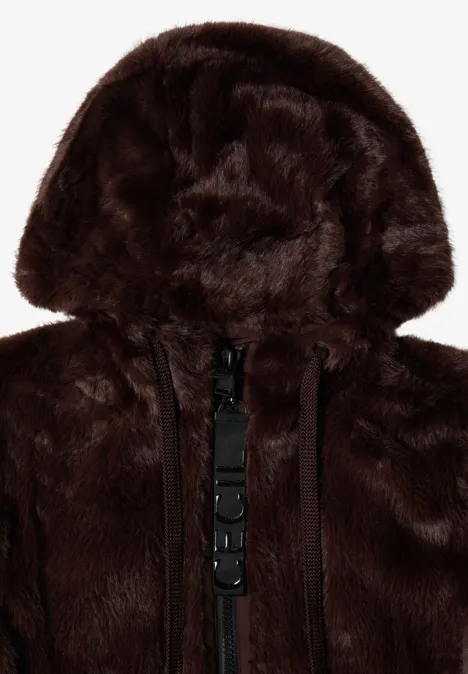 Dunkelbraune Kapuzenjacke aus Kunstfell mit Reißverschlussdetails.