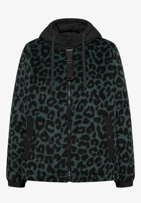 Gefütterte Kapuzenjacke in dunkelgrünem Leopardenmuster mit Reißverschlusstaschen und Rippbündchen.