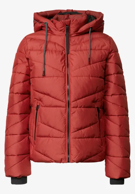 Rote gesteppte Winterjacke mit Kapuze, Reißverschlüssen und Kordelzug