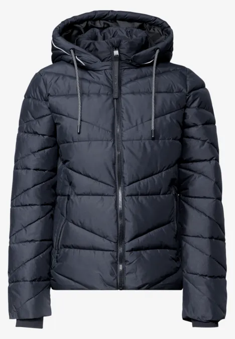 Dunkelblaue gesteppte Daunenjacke mit Kapuze, Reißverschluss und Kordelzug, seitliche Taschen