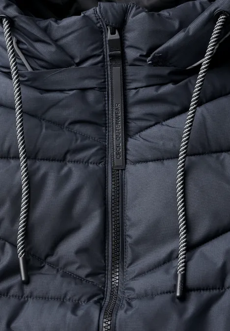 Schwarze gesteppte Kapuzenjacke aus Nylon mit Reißverschluss und kontrastierenden Kordelzügen