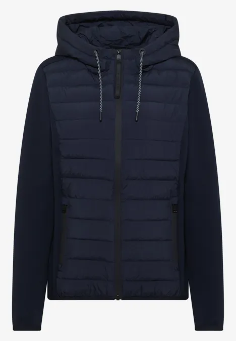 Dunkelblaue Kapuzenjacke mit gesteppter Front, Reißverschluss und langen Ärmeln.