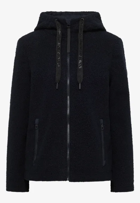 Schwarze Teddy-Fleecejacke mit Kapuze, Reißverschluss und seitlichen Taschen.