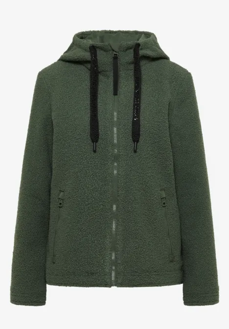 Dunkelgrüne Fleece-Jacke mit Kapuze, Reißverschluss und schwarzen Kordeln