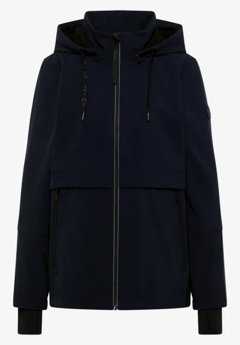 Veste à capuche bleu foncé avec fermeture éclair intégrale, poches pratiques et poignets côtelés.