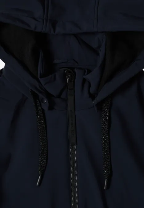 Dunkelblauer Softshell-Parka mit mittigem Reißverschluss und glitzernden Kordeln an der Kapuze.