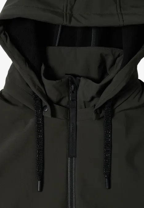 Dunkelgrüne Kapuzenjacke aus robustem Material mit durchgehendem Reißverschluss und Kordelzug