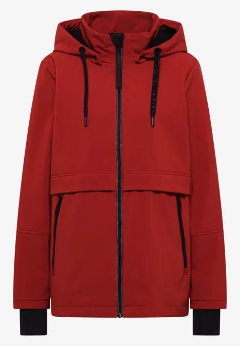 Roter Damen-Regenparka mit Kapuze, Reißverschluss und Seitentaschen.