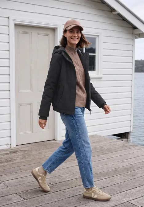 Kurze Jacke mit 2-in-1 Kapuze Black Frau mit schwarzer Jacke, beiger Mütze, braunem Pullover und Jeans steht lächelnd auf Holzsteg am Wasser.