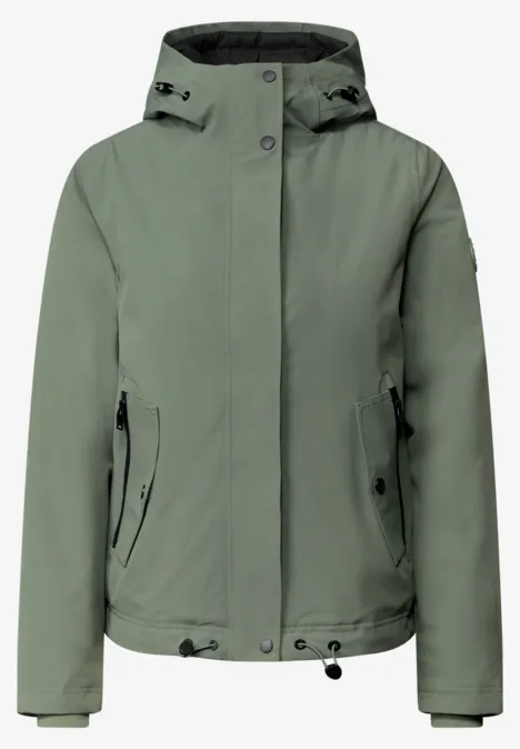 Kurze Jacke mit 2-in-1 Kapuze shadow khaki Kurze, grüne Kapuzenjacke mit Reißverschlusstaschen und Druckknopfverschluss.