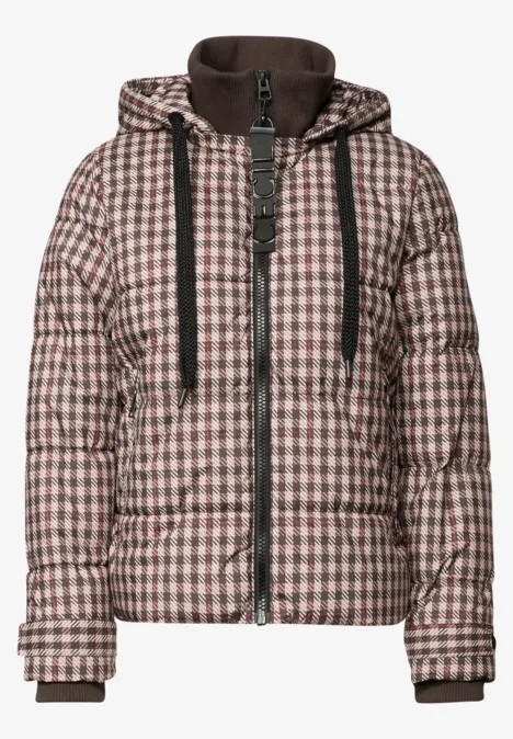 Gepolsterte, kariert gemusterte Kapuzenjacke mit Reißverschluss und schwarzen Kordeln.