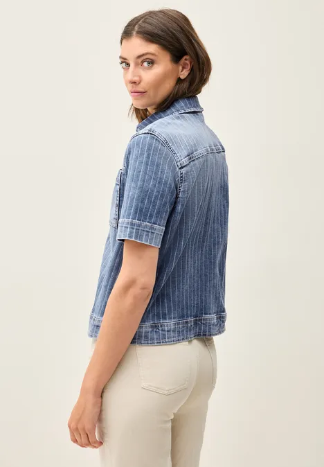 Denim Overshirt mit Streifen mid blue used wash