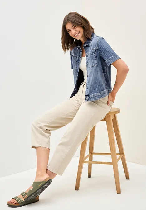 Denim Overshirt mit Streifen mid blue used wash