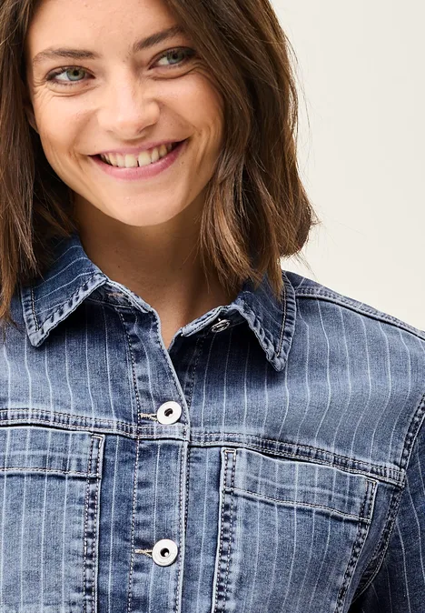 Denim Overshirt mit Streifen mid blue used wash