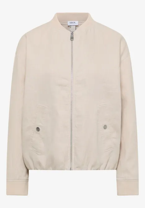 Hellbeige Bomberjacke mit Reißverschluss, geraden Ärmeln, zwei Eingrifftaschen und elastischem Saum.