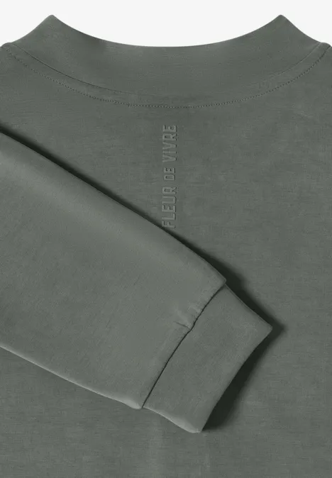 Blouson mit Zipper und Taschen khaki Olivgrüner Sweatshirt-Oberteil mit gefaltetem Ärmel auf hellem Hintergrund