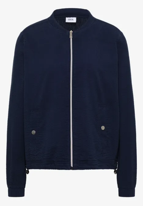 Dunkelblaue Bomberjacke mit Reißverschluss vorne und seitlichen Taschen
