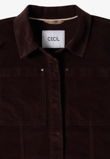 Veste en velours côtelé brun foncé avec col chemise et étiquette CECIL, tissu doux à texture légère.