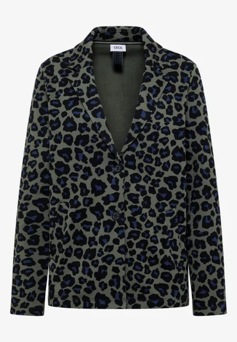 Blazer ample à boutons et imprimé dried olive green Veste blazer verte à motif léopard bleu foncé avec col à revers.