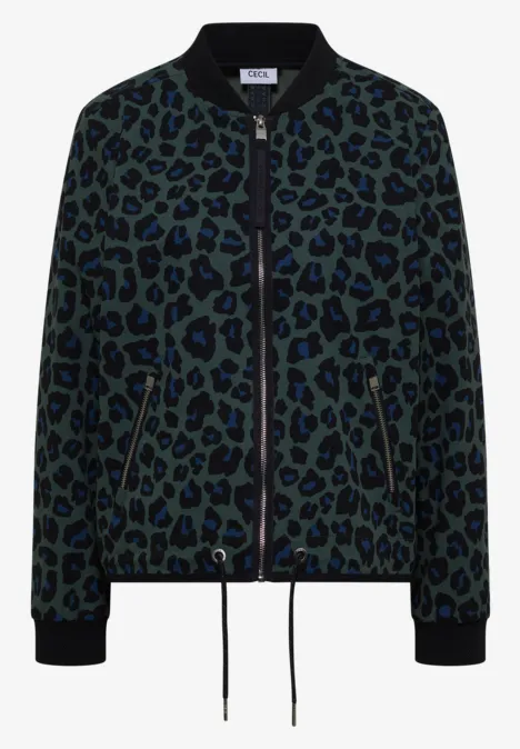 Bomberjacke mit grünem Leo-Print, Reißverschluss, Rippbündchen und Kordel am Saum.