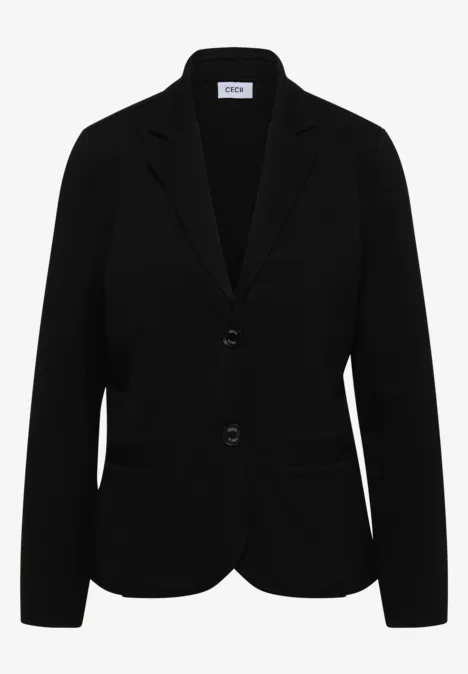 Schwarzer taillierter Damenblazer mit Reverskragen und Knopfleiste.