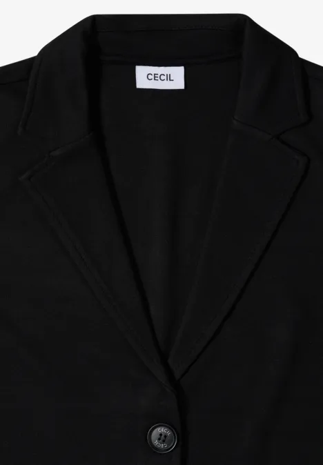 Schwarzer Blazer mit Revers und einem Knopf, 'CECIL'-Label innen am Kragen.