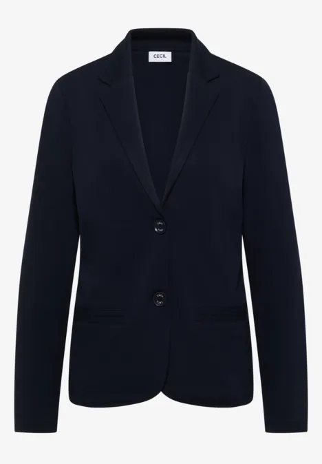Dunkelblauer Blazer mit zwei Knöpfen, klassischem Revers und zwei aufgesetzten Taschen.