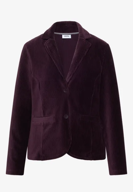 Damenblazer aus dunklem Pflaumen-Samt mit Reverskragen und zwei Knöpfen.