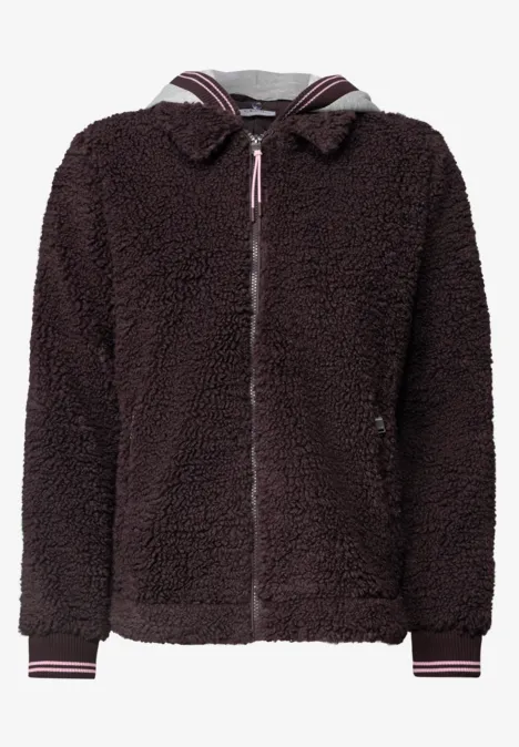 Dunkelbraune Teddy-Fleece-Jacke mit Kapuze und Reißverschluss, gestreifte Bündchen.