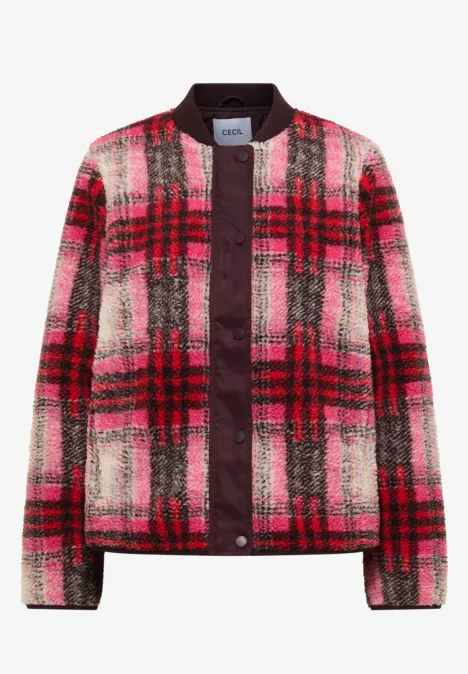 Karierte Jacke in Rot- und Rosatönen mit Druckknöpfen und geradem Schnitt.