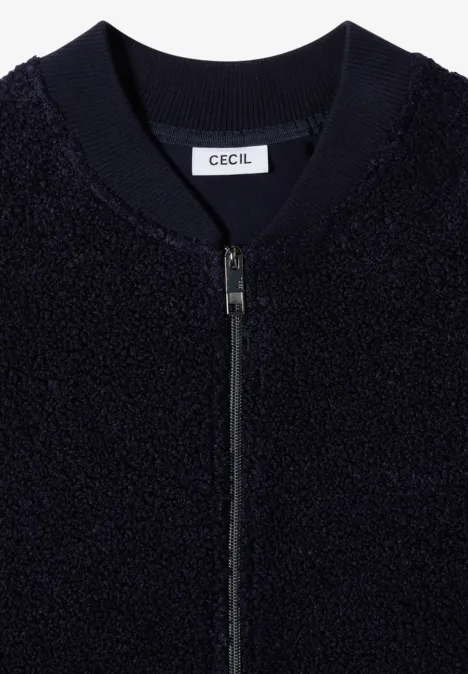 Dunkle, texturierte Bomberjacke mit Reißverschluss, geripptem Kragen und CECIL-Label.