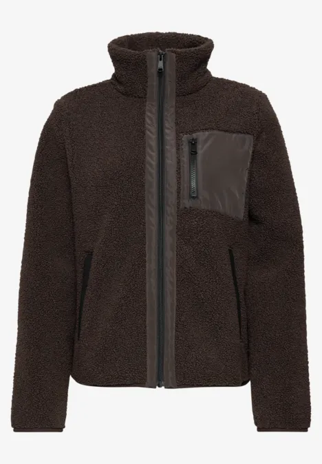 Bruine teddyfleece jas met opstaande kraag, ritssluiting en borstzak