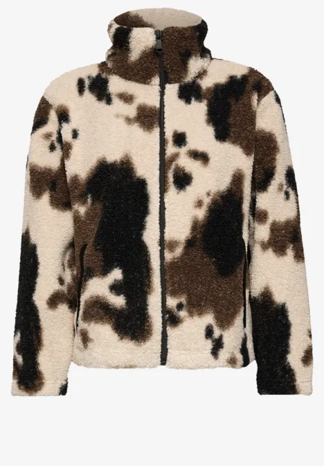 Flauschige Jacke mit Kuhfleckenmuster in Weiß, Braun und Schwarz, durchgehender Reißverschluss
