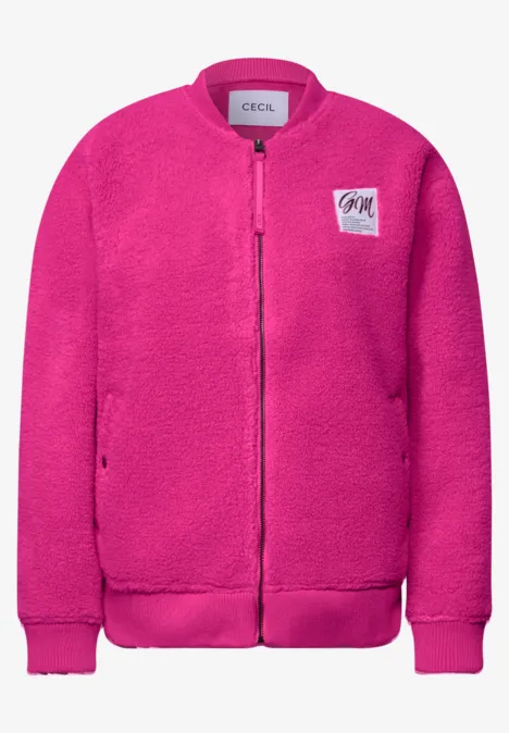 Warme felroze teddyfleece bomberjack met ritssluiting en steekzakken.