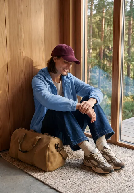 Jong persoon in jeans en pet zit naast een reistas op een houten veranda, uitzicht op het bos.