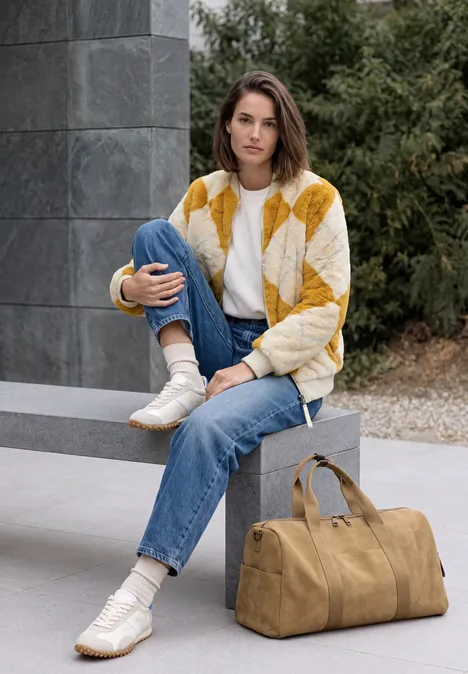 Fake Fur Blouson mit Argylemuster golden honey Frau sitzt draußen auf Bank, trägt gelb-weißen Cardigan, Jeans und weiße Sneaker, neben ihr eine senfgelbe Reisetasche.